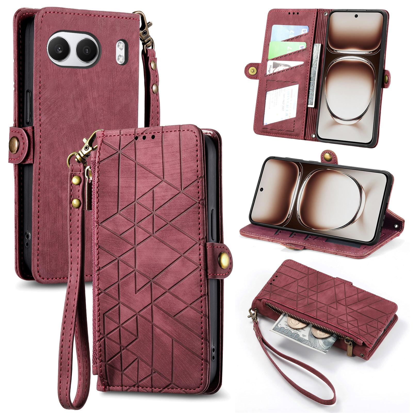 

For OnePlus Nord 4 Zipper Wallet Case Geometry Lines Leather Phone Cover with Strap Red