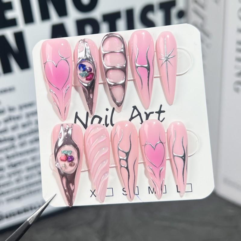 Sweet Punk Press-On Nails With Rhinestone Baroque Design Hand-Painted Line Art Blush Pink Gradient Long Stiletto Shape Extra Small