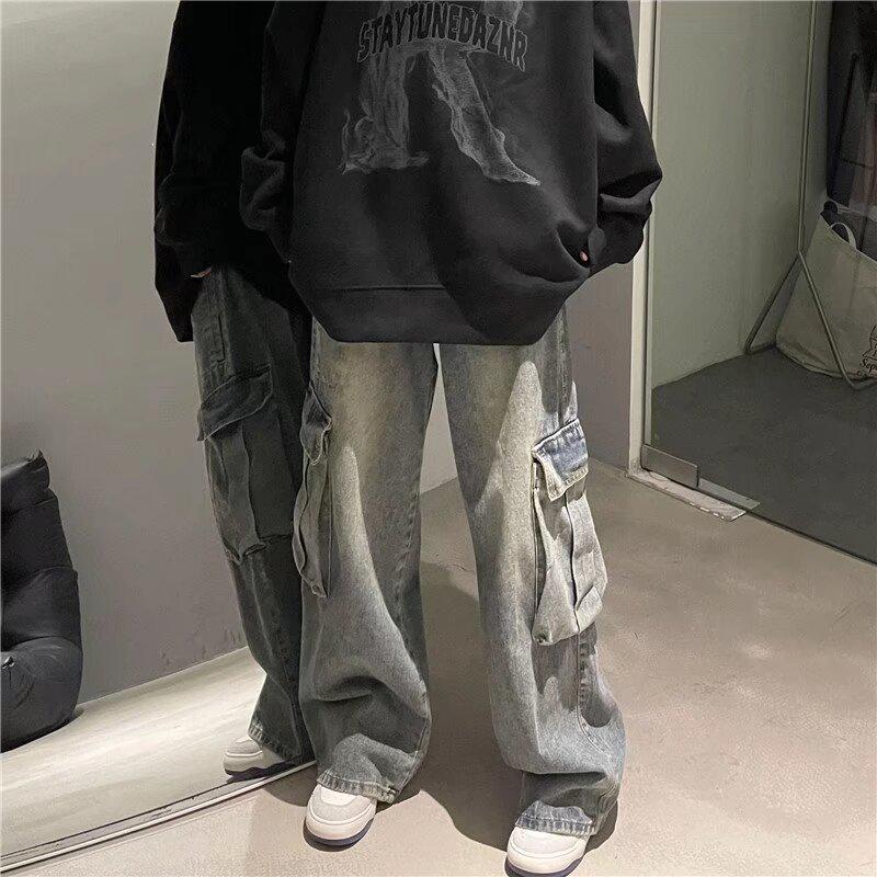 

Джинсы унисекс из денима с эффектом потертости и карманами для рабочей одежды на осень/зиму 2024 г. 3XL синий