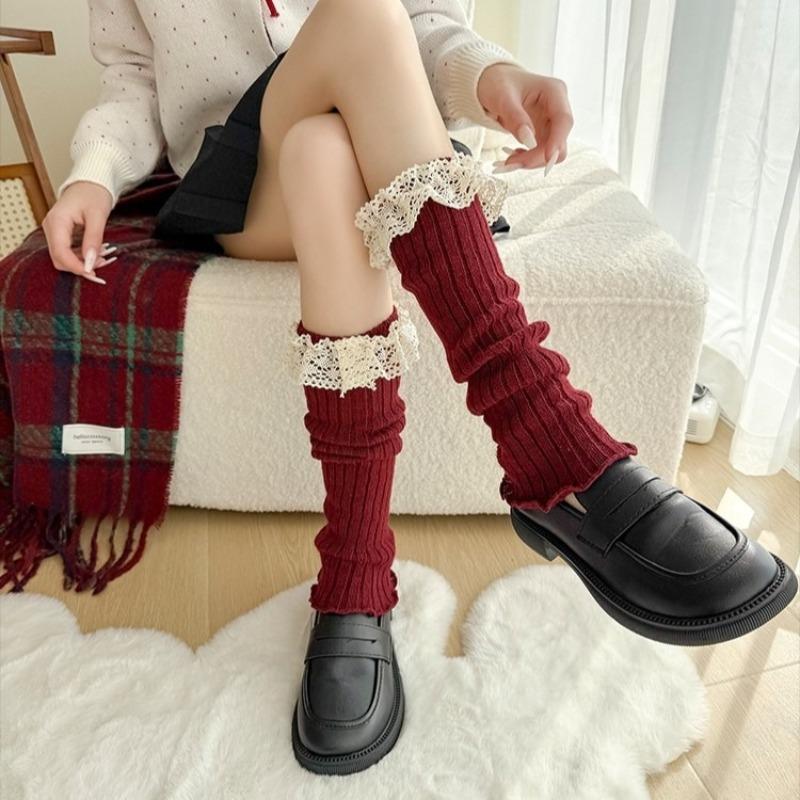 Womens Cotton Sock Sleeves For Autumn Winter Lolita Lace Ruffle Leg Warmers In Ankola Red New Year Christmas Ballet Style Calf Socks