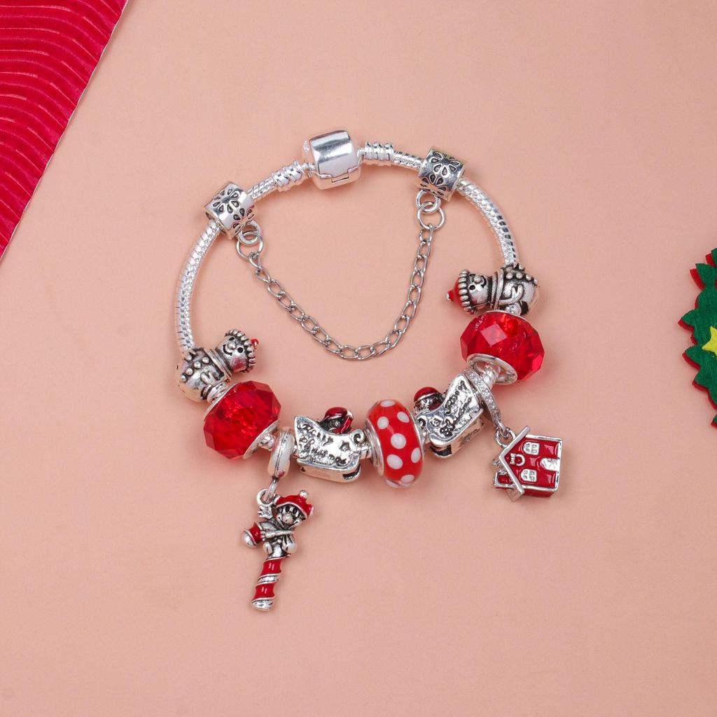 Santa Sleigh Alloy Beaded Bracelet with Snowman House Pendant