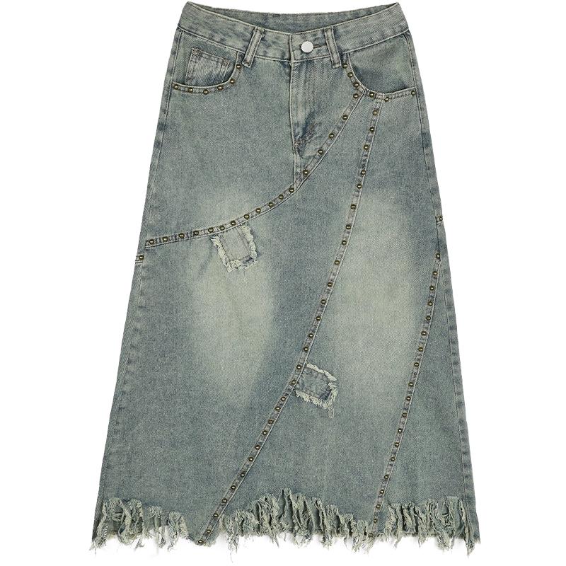 

Юбка из денима в стиле ретро с необработанным краем для женщин, весна-осень, одежда Y2k, высокая талия, А-силуэт, юбка средней длины, уличная одежда, большие размеры 3XL синий