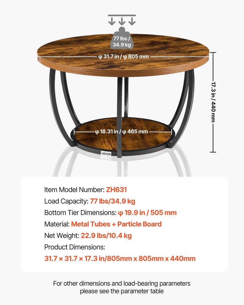 Coffee Table, Modern Round Coffee Table, 2 Tiers Wooden Circle Center Desk with Open Storage, Minimalist Sturdy Metal Frame Accent End Desk for Living
