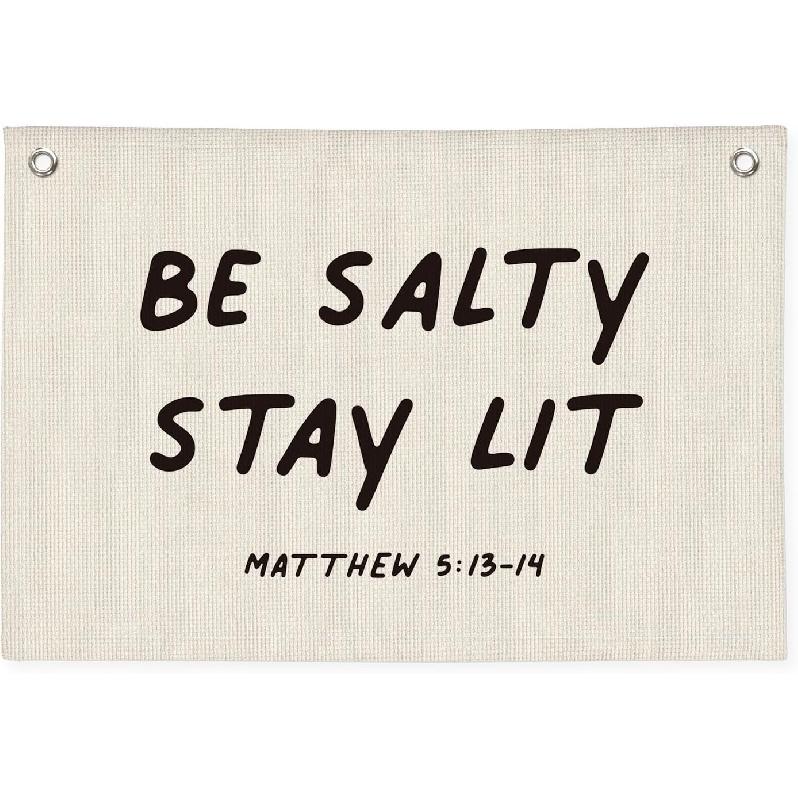 Be Salty Stay Lit Bible Verse Banner, Christian Linen Canvas Banner Wall Hanging Flag, Matthew 5:13-14 Scripture Farmhouse Decor for Home Bedroom