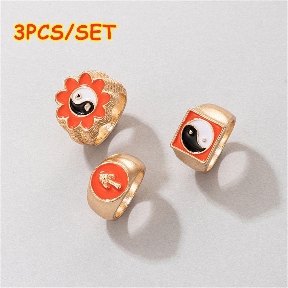 

3Pcs Fashion Jewelry Yin Yang Vintage Acrylic Resin Enamel Pink Finger Rings Rings Set