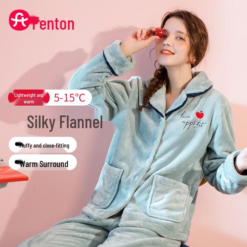 Fenteng Women s Plush Coral Fleece Button-Front Pajama Set S