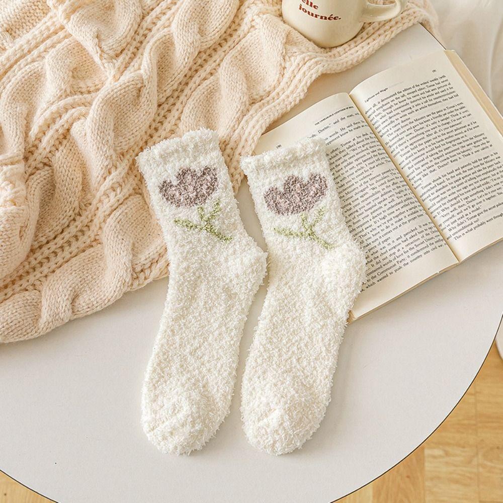

Breathable Trendy Ruffle Cute Thick Flower Coral Velvet Korean Style Socks Middle Tube Female Socks K