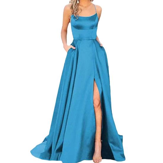 Women Evening Dress Halter Neck Off Shoulder Satin High Split Sleeveless Backless Floor Length Cross Back Pockets Prom Wedding Party Bride Ball Gown