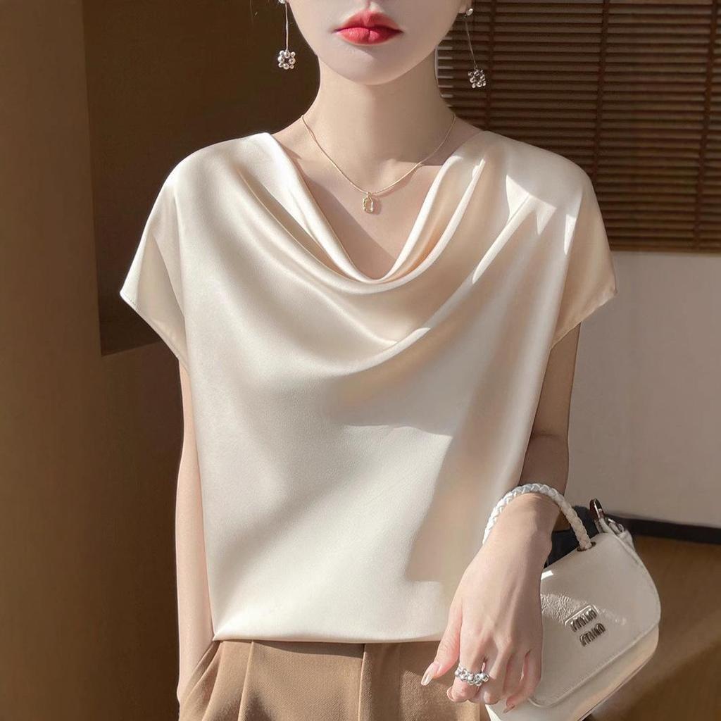 Women's High-End Short Sleeve Cowl Neck Satin Blouse