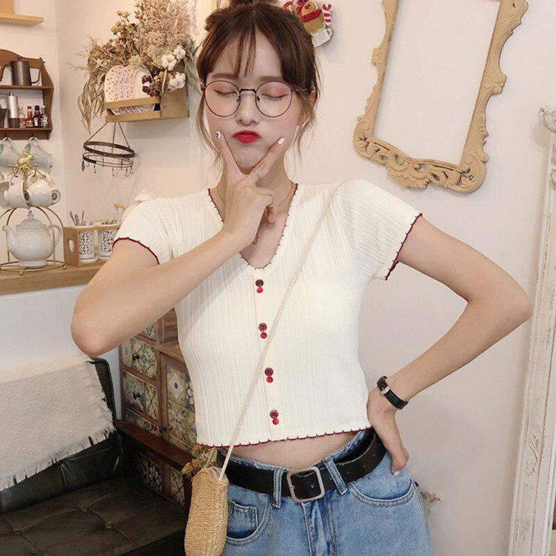 Letni Dziewczęcy Seksowny T-shirt z Dekoltem V Jednolity Kolor Krótki Rękaw Dzianinowe Topy Styl Preppy Dopasowany T-shirt