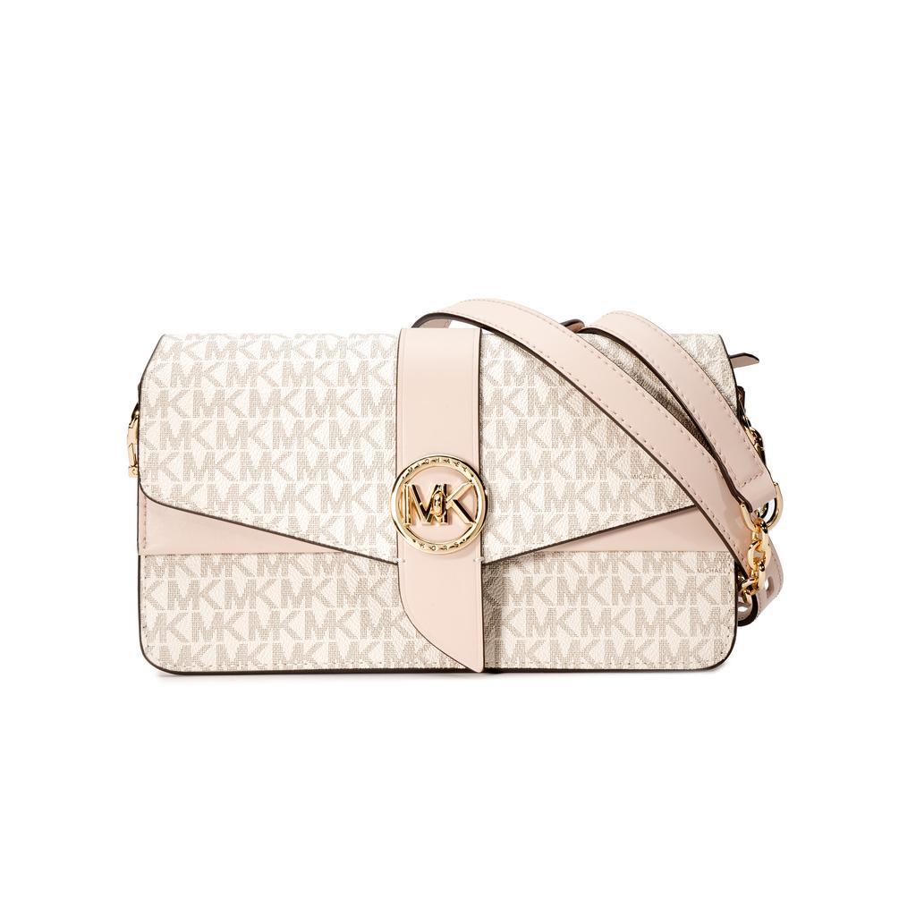 Michael Kors MK Greenwich Borsa a Spalla con Stampa Logo Vintage Donna Borsa a Spalla Bianco Vaniglia Rosa Nudo 30H1GGRL6B-173
