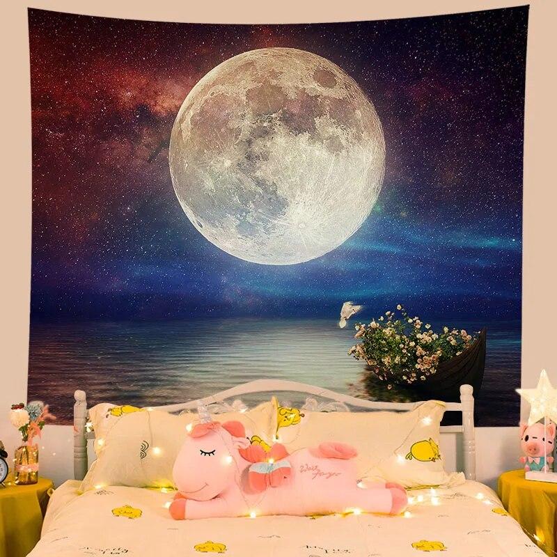 Tapestry Flower Moon Night Home Aesthetics Living Room Wall Decoration Hanging Background Cloth