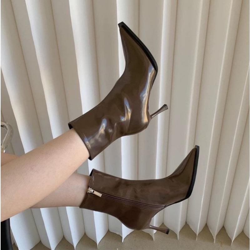 Fashion Sexy Pointed Punk Style Thin High Heels Women Ankle Boots Sexy Patent Leather Shoes Fashion Zipper Banquet Party Pumps