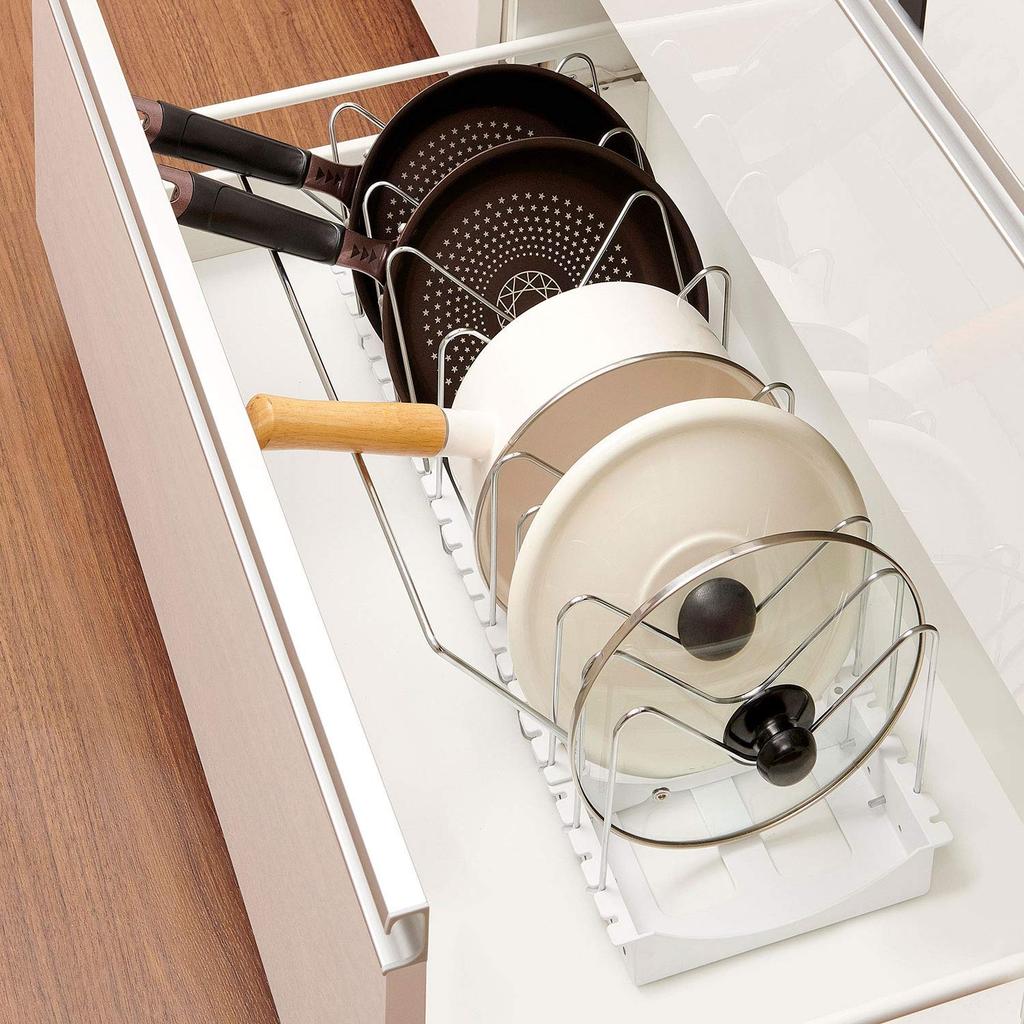 Belca Kitchen Storage Frying Pot and Lid Stand Wide Extendable Type Width X Depth X Height Cm White Pan, 2-Way 45.2~87.2 26.2 17.4 PFN-NL