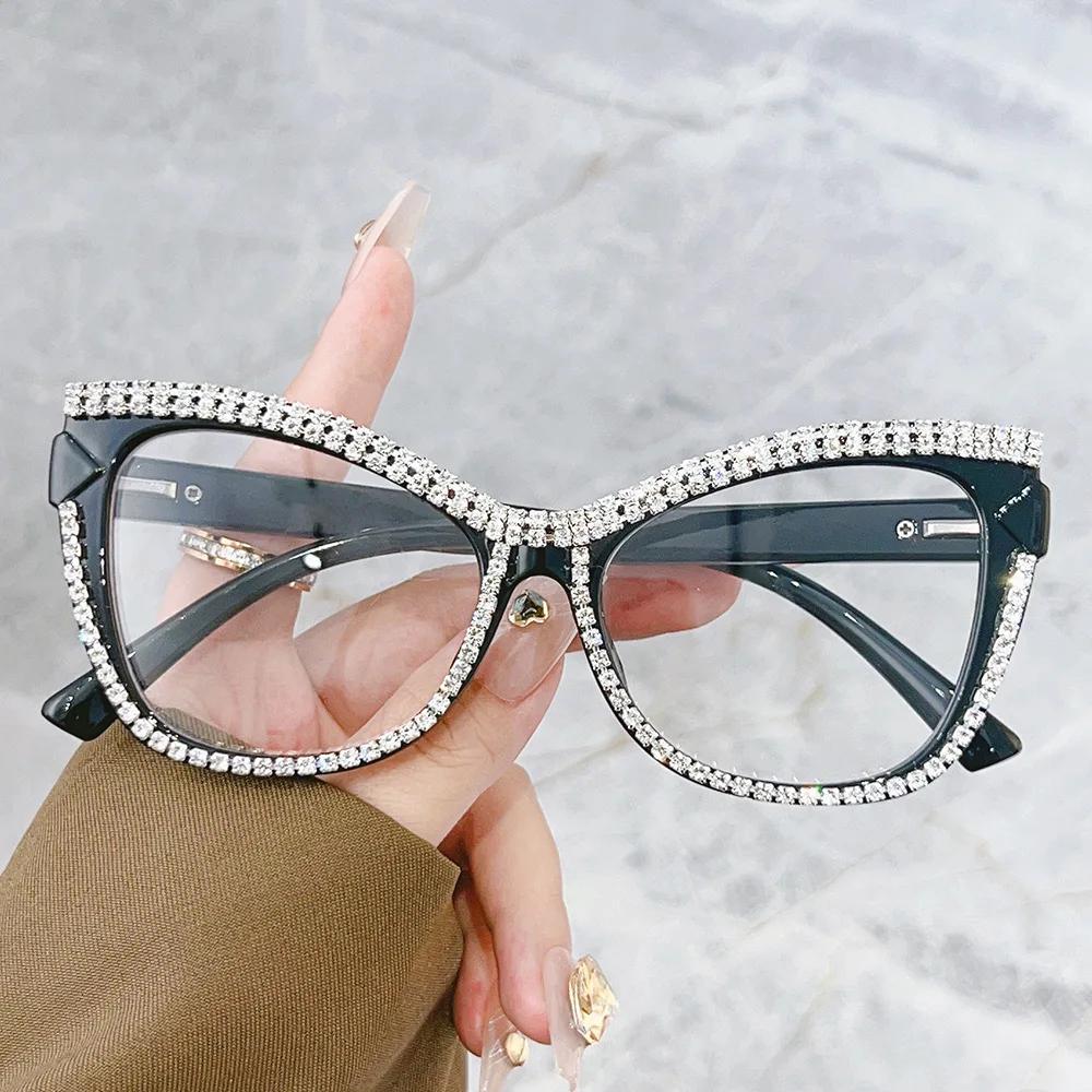 Men Women Cat Eye Reading Glasses Retro Large Frame Diamond Inlaid Presbyopia Glasses Oversized Anti-Blue Light Glasses