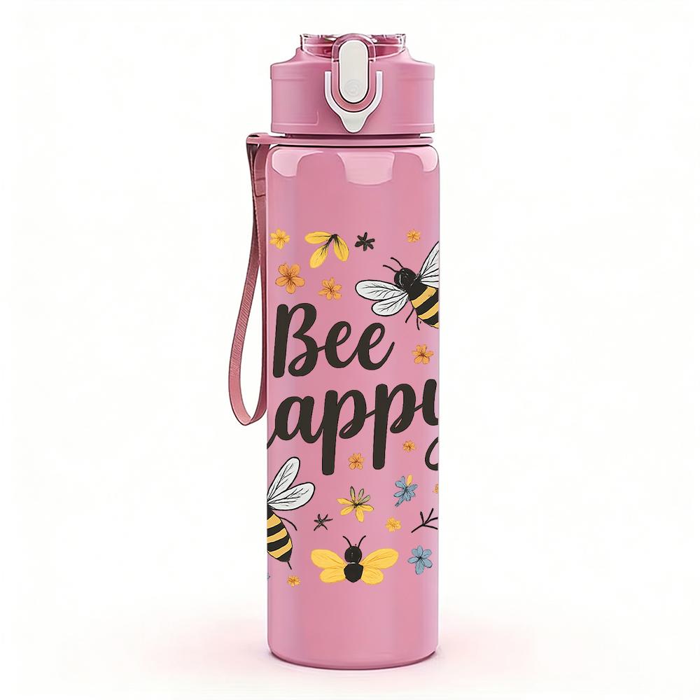 1PC Bee Happy Floral Letter 750ml Color Plastic Sports Water Bottle Leakproof Flip Straw Lid For Sports Office Home Use
