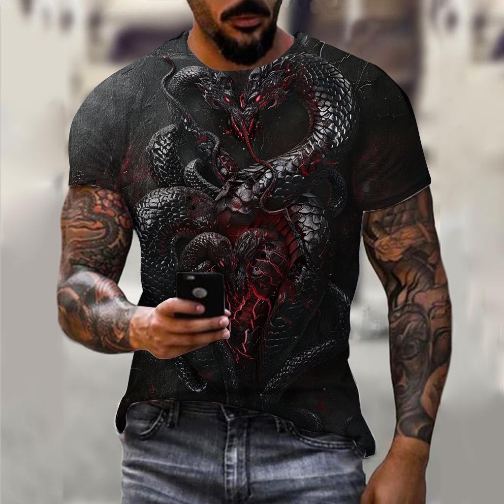 3D Printing 2025 New Year Snake Year Fierce Men's Casual Short Sleeve T-shirt Comfortable Breathable Retro Printed Short Sleeve