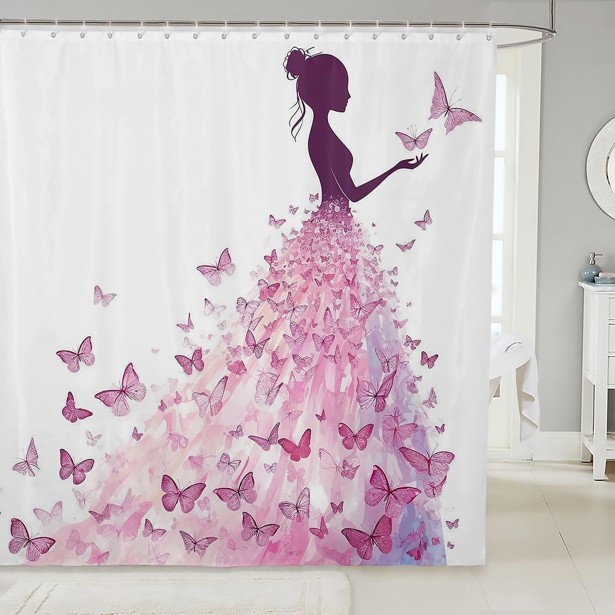 

Butterfly Princess Shower Curtain Pink Silhouette Art Romantic Bathroom Decor Linen180X210 W60H190(CM)-1 Pcs