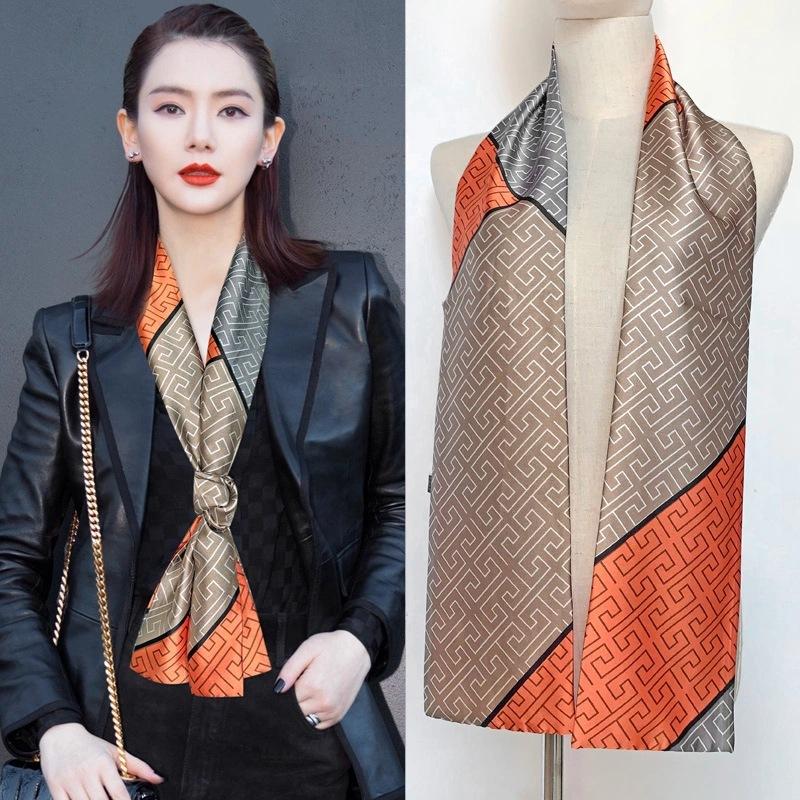Luxury Silk Long Scarf Women Bag Handle Ribbon Ladies Plaid Print Headband Small Hair Scarves Band Female Handkerchief