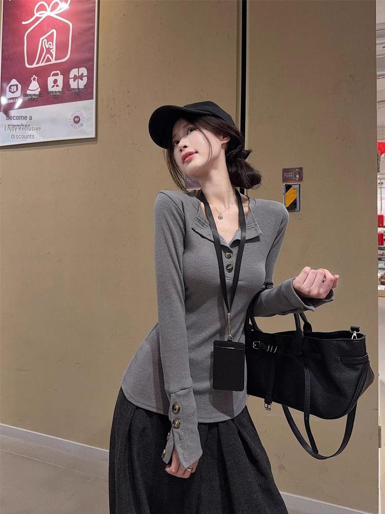 Spicy Girl Henry V-Neck Slim-Fit Buttoned Long-Sleeve Top