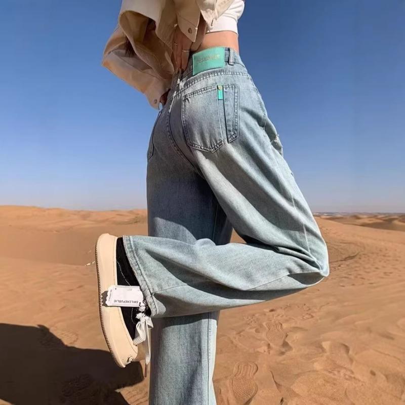Light blue wide-leg jeans for women, early spring new design high-waisted and thin straight-leg pants