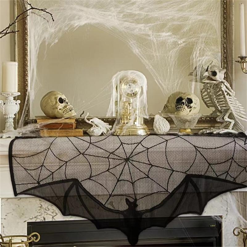 Spooky Black Lace Spiders Webs Mantel Scarf with Bat Lace Oven Cloth for Halloween Party Decoration