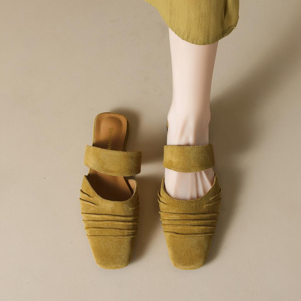 BULAGE suede pleated baotou half slippers women's outer wear 2025 summer new one-pedal low-heeled lazy muller shoes