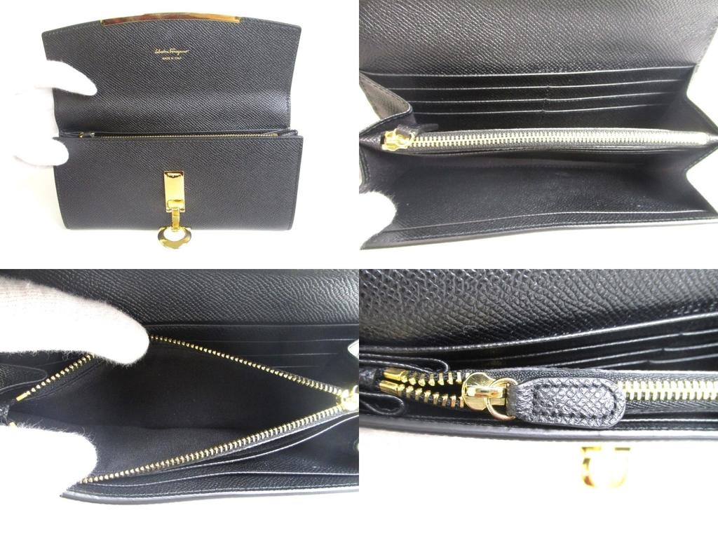 Authentic Salvatore Ferragamo Gancini Black Leather Gold H/W Flap Long Wallet #a429  Refurbished