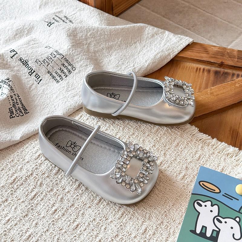 Girls Ballet Flats With Rhinestones 2026 Soft Sole Square Toe PU Shoes Kids Ages 3-8
