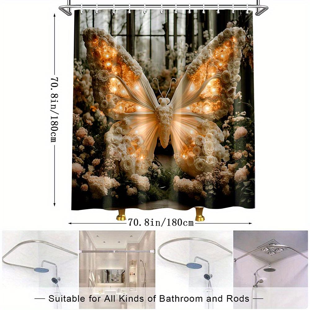 1Pc Butterfly & Floral Shower Curtain With Illuminated Design - Polyester Fabric Bathroom Decor, 70.8X70.8 Inches,