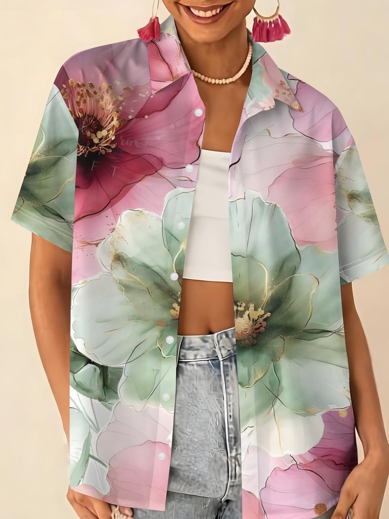 Gentle blue floral printed shirt for women, short-sleeve loose lapel design, niche vacation style top