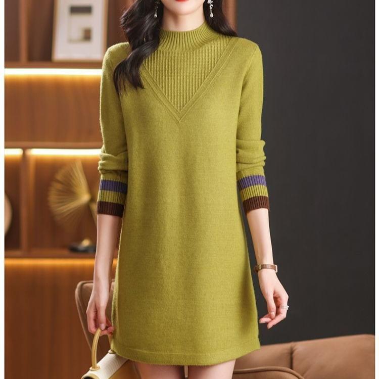 Mid-length Knitted Sweater Women's Fashion Solid Color Loose Large-sized Sweater Autumn and Winter Casual Half Turtleneck Pullover