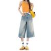 Trendy Summer Slub Fabric Minimal Design Denim Cropped Capri Pants Loose Straight Vintage Washed Slimming Casual Trousers