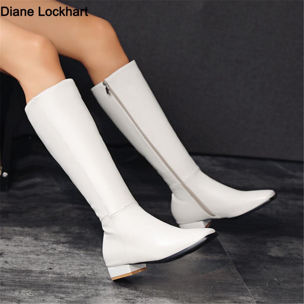 Fashion Winter PU Leather Women Knee High Boots Motorcycle Square Toe Zip Footwear Low Heels Female Riding Ladies Long Boats 2025 New