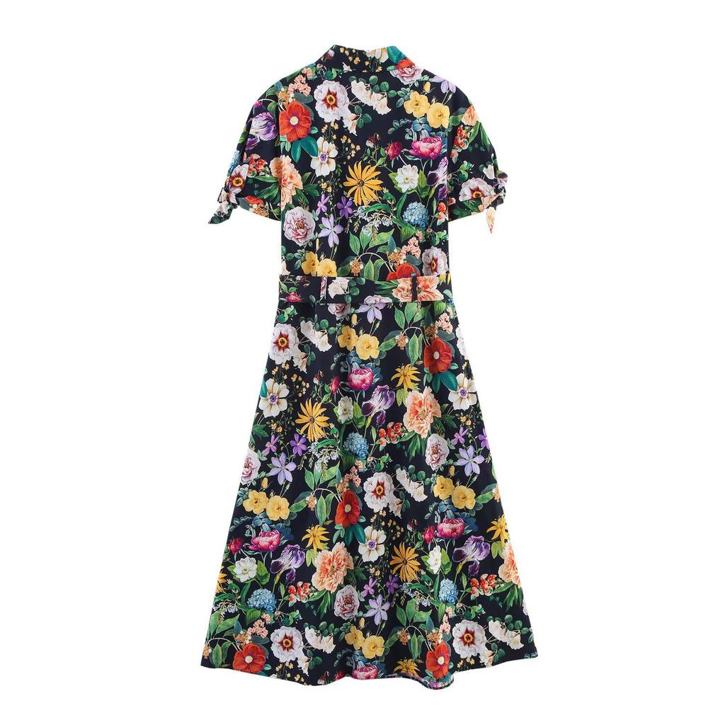 2025 Spring/Summer Women's Slim-Fit Printed Midi Dress with Shirt Collar
