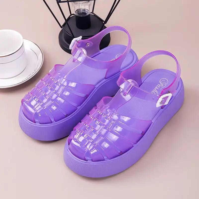 Fashion Women's New Thick Soled Jelly Sandals 2025 Summer Fashion Multifunctional Woven Hollow Flat Roman Shoes Women's Platform Sandals