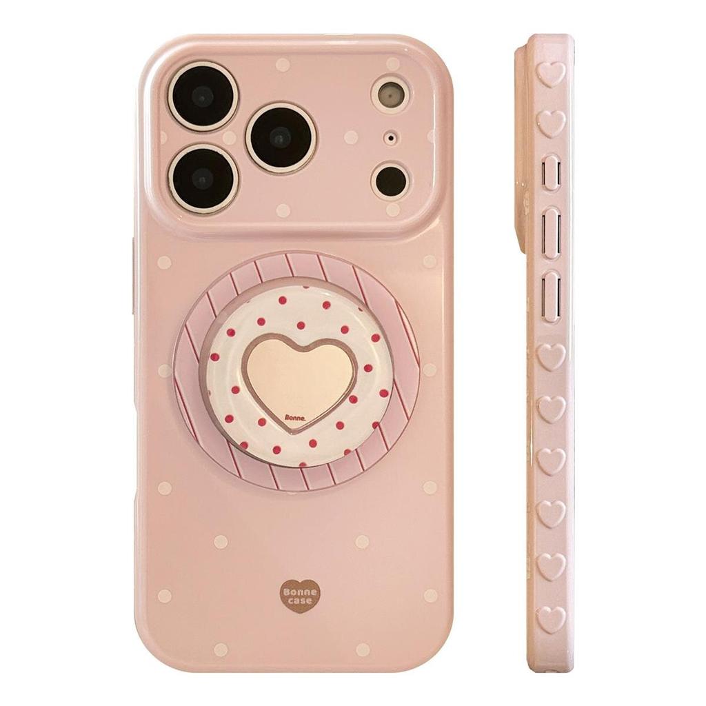 Cream polka dot Apple 17 Promax phone case iPhone 16 heart-shaped mirror magnetic suction support