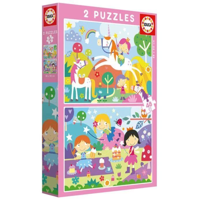 Puzzle - EDUCA - Unicorn and Fairy - 2 X 48 Pieces - Fantasy Theme - For Children from 4 Years Old