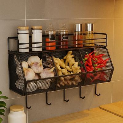 Wall Mounted Kitchen Storage Basket Punch-Free Grid Vegetable Drainage Basket Carbon Steel Onion Ginger Garlic Rack