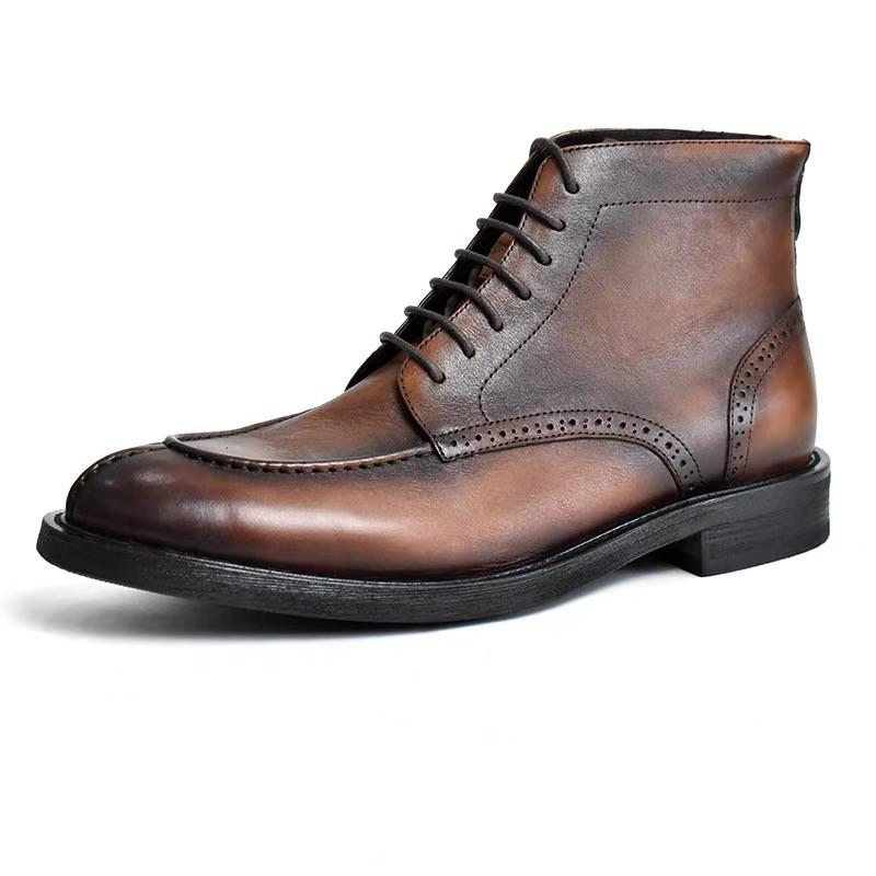 Fashion Handmade Designer Pointed Toe Men Brogues Boots Luxury Premium Top Layer Cowhide Genuine Leather Lace Up Dress Shoes for Men