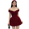 2026 European and American autumn new solid color one-word collar slim waist temperament bow dress women