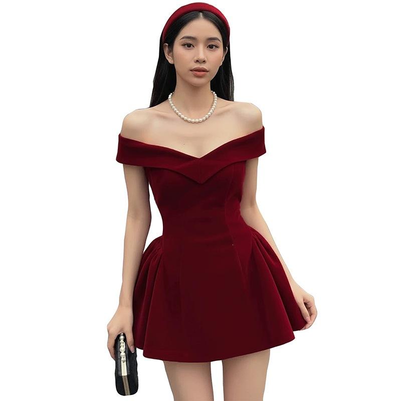 2026 European and American autumn new solid color one-word collar slim waist temperament bow dress women