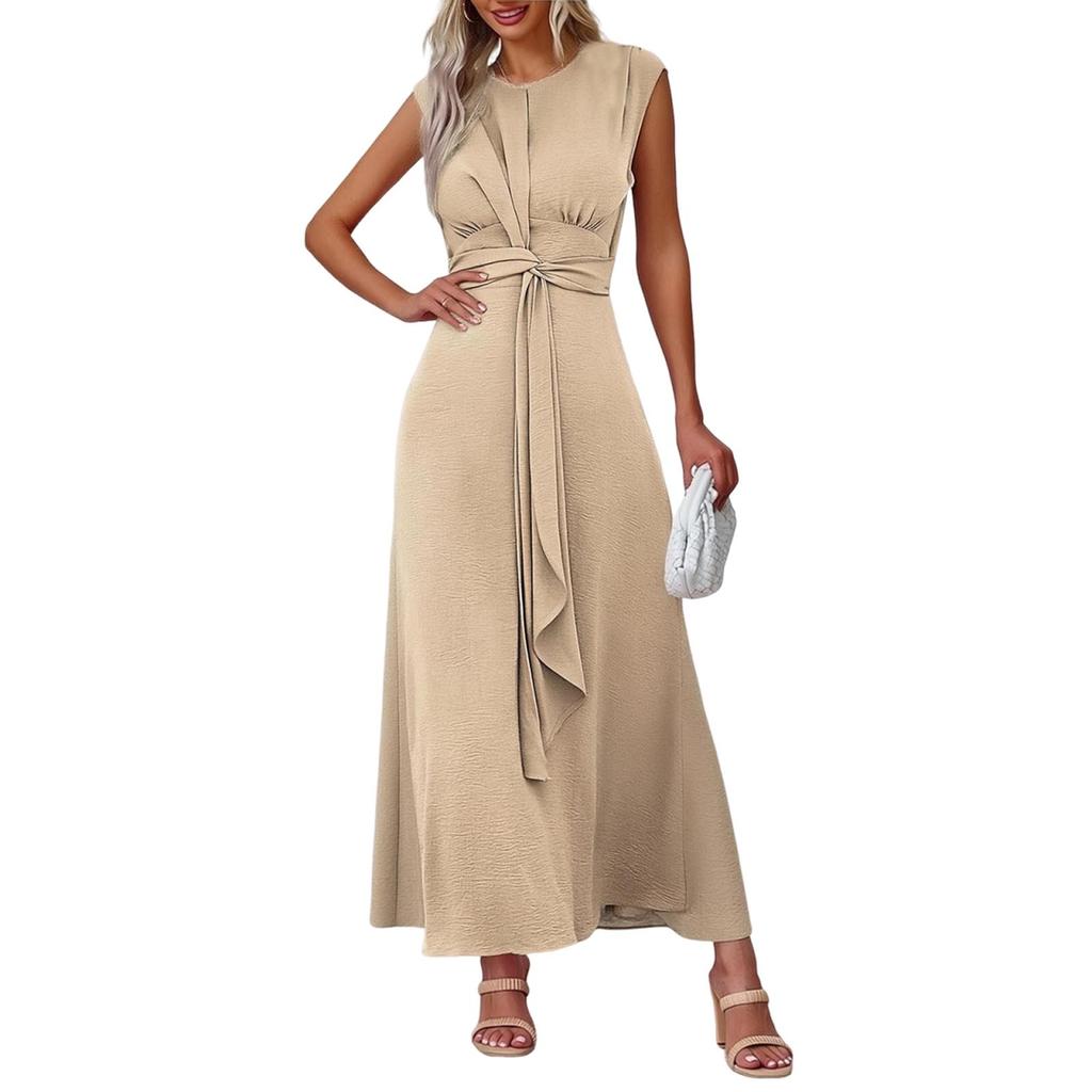 Women's Fashion Casual -Color Waist-Tied Long Sleeveless Dress