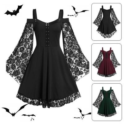 Vintage Gothic Women Dress Lace Crochet Flare Sleeve Vampire Witch Dresses Medieval Renaissance Goth Cosplay