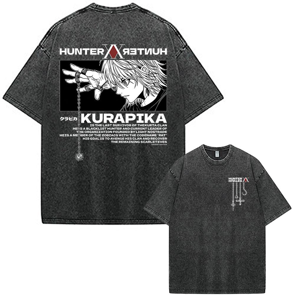 Japanese Anime Hunter X Hunter Kurapika Vintage Washed T Shirt Men Women Clothing Fashion Oversized Cotton Short Sleeve T-shirts
