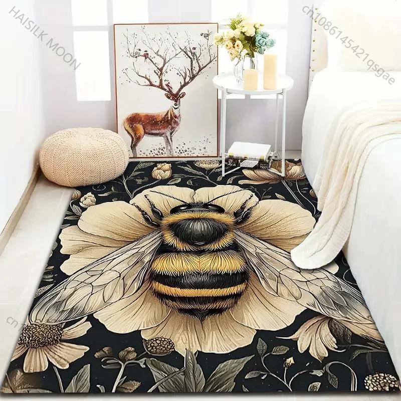 1 Stück Teppich im Retro-Stil mit Bienen- und Blumendruck, moderne Heimdekoration, Bereichsteppich, Wohnzimmer, Schlafzimmer, Bettseite, Sofa, Gang, Korridor, Bodenmatte