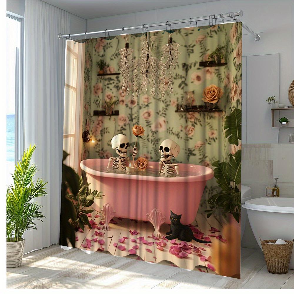 1Pc Halloween Skeleton Bath Curtain - Floral Background With Dancing Skeletons In Pink Bathtub, Roses & Greenery Design, Durable