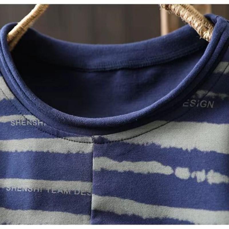 Johnature Kontrastní pruh Dlouhý rukáv Volné ležérní Dámské Zimní O-výstřih Módní Čínský styl Vintage Tričko