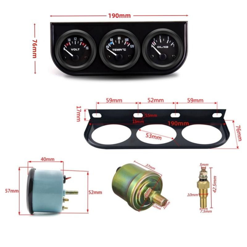 52mm Car Triple Gauge Voltmeter Water Temp Gauge (Celsius) Oil Pressure Gauge(Bar) 3 in 1 Car Modification Gauge With Sensor