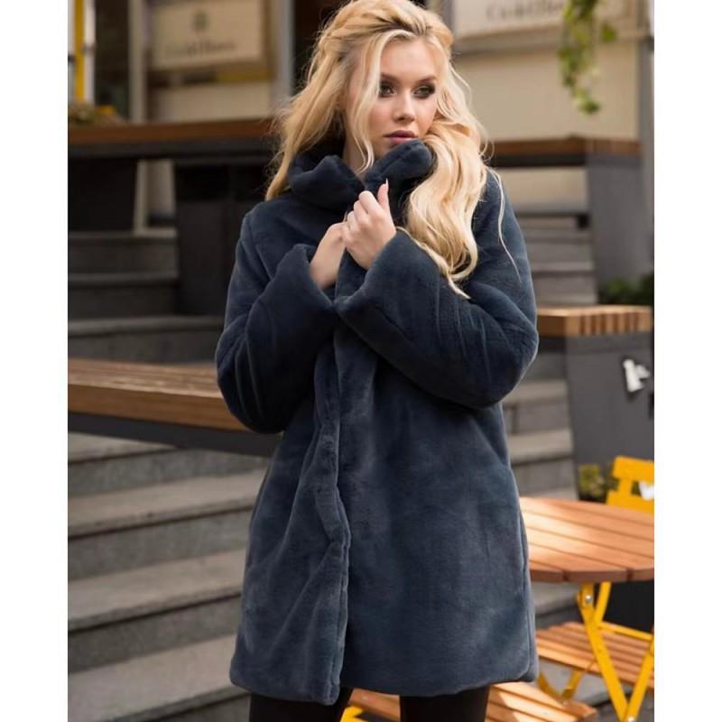 Womens Faux Fur Coat Stand Collar Winter Mid-Length Streetwear Light Luxury Outerwear